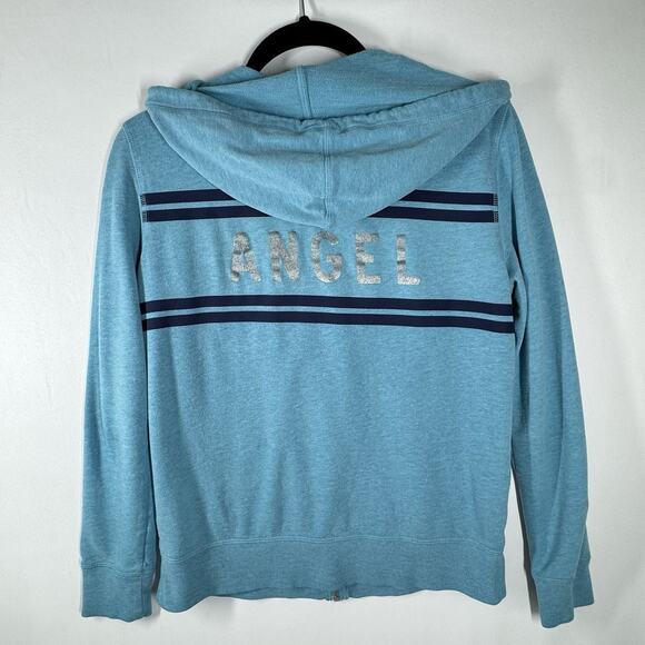 VS Angel Spell Out Hoodie Sweatshirt Blue Stripes Victoria’s Secret Size Small - Picture 1 of 9